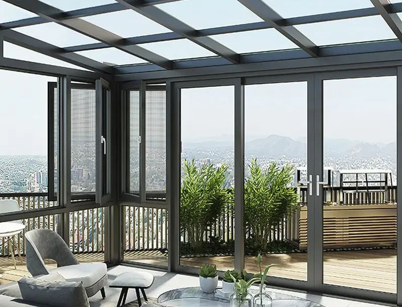 Contemporary Design Outdoor Insulated Conservatory with Custom-Shaped Roof Tempered Glass and Aluminium Alloy Private Villa Horizontal Layout